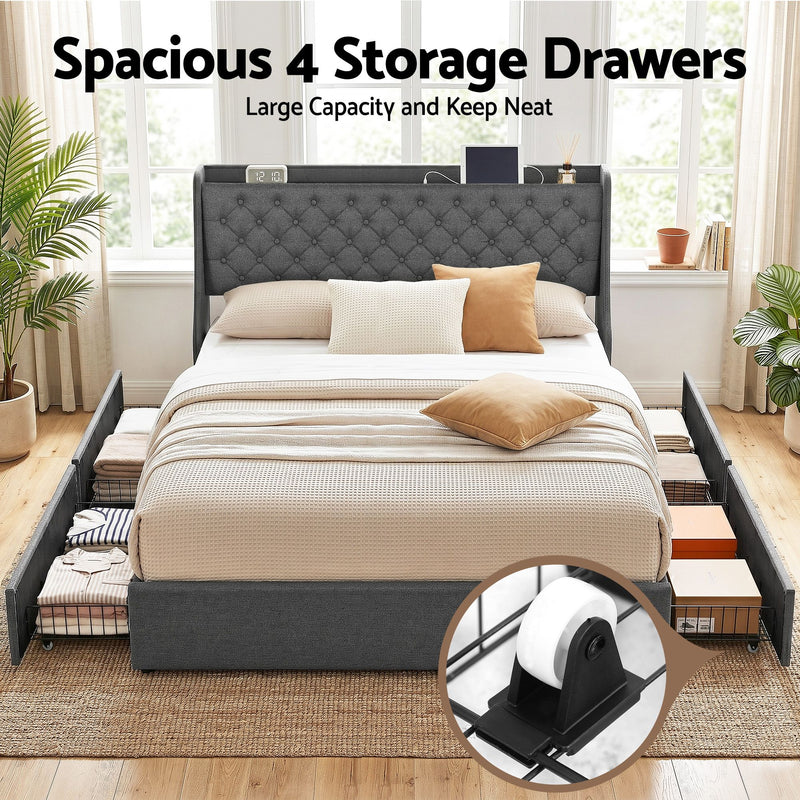 Artiss King Bed Frame with Storage & Charging – Charcoal Grey