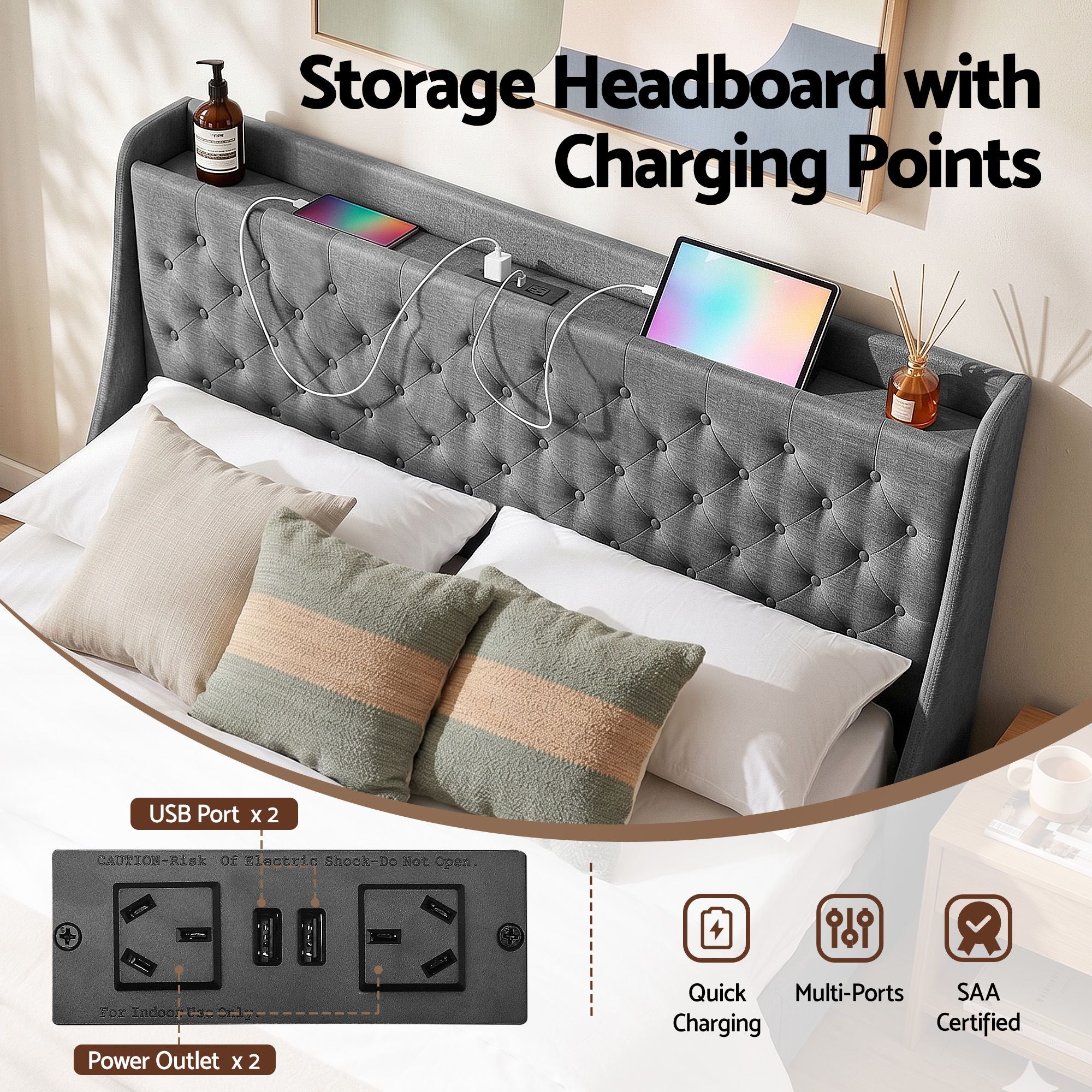 Artiss King Bed Frame with Storage & Charging – Charcoal Grey