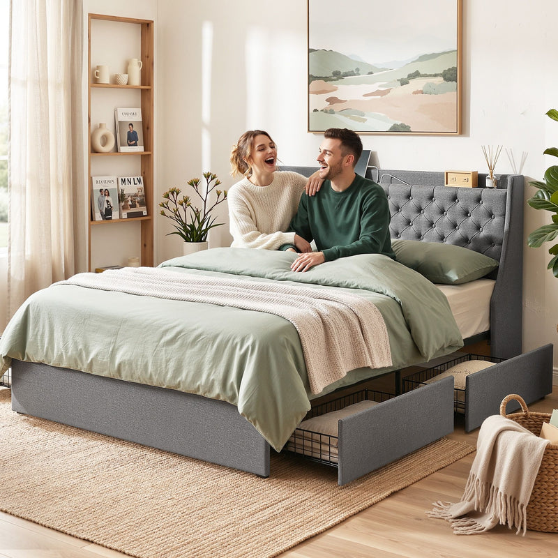 Artiss King Bed Frame with Storage & Charging – Charcoal Grey
