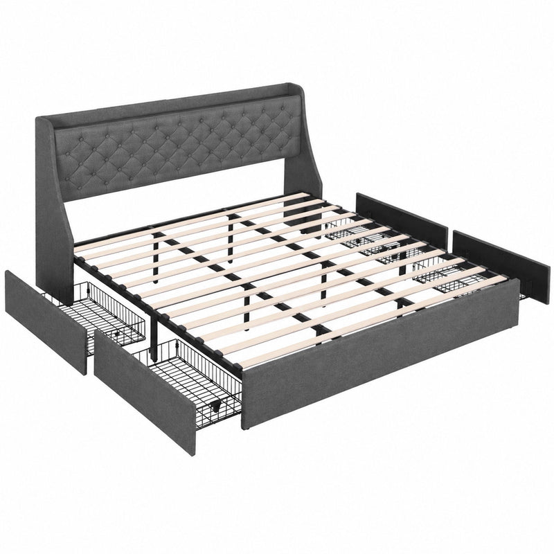 Artiss King Bed Frame with Storage & Charging – Charcoal Grey
