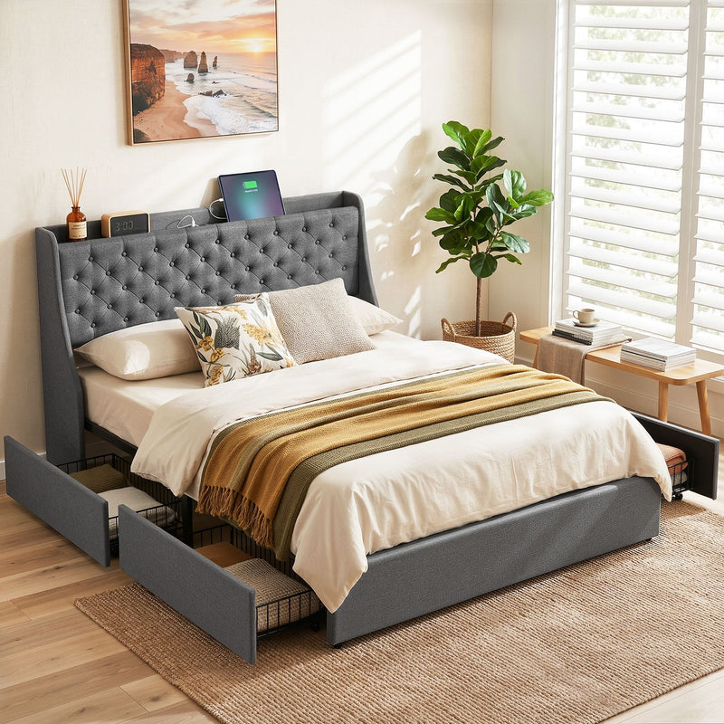Artiss Queen Bed Frame with Storage & Charging – Charcoal Grey