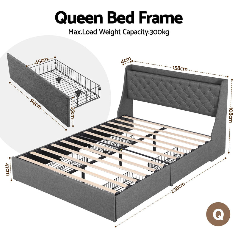 Artiss Queen Bed Frame with Storage & Charging – Charcoal Grey