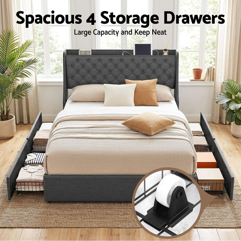 Artiss Queen Bed Frame with Storage & Charging – Charcoal Grey