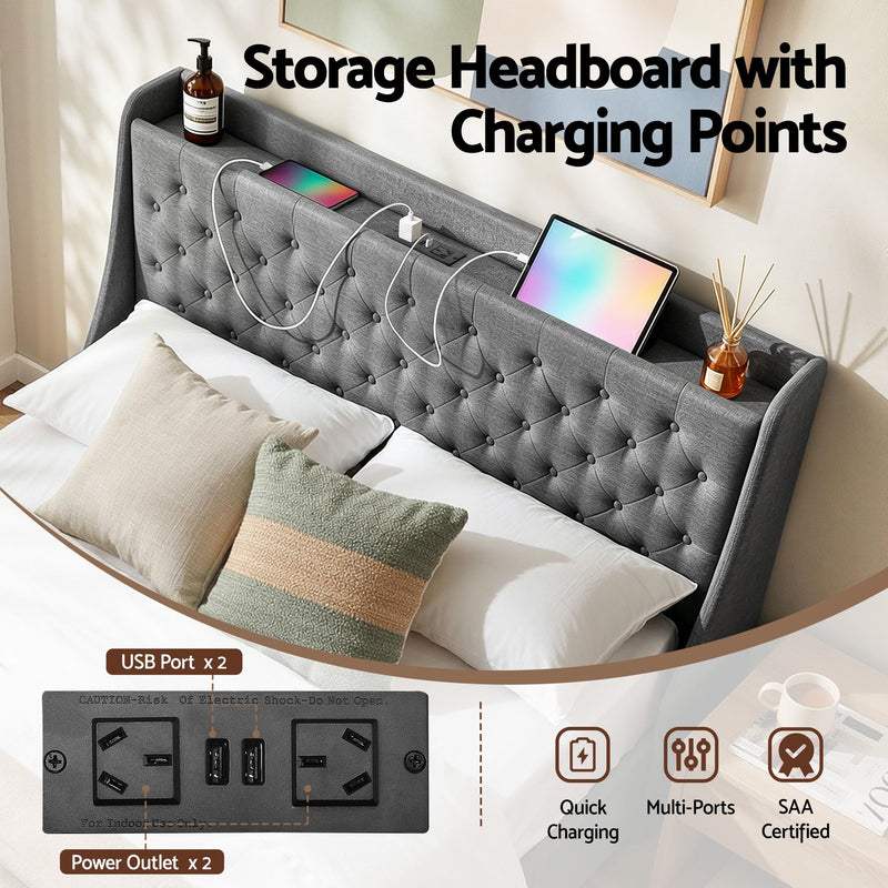 Artiss Queen Bed Frame with Storage & Charging – Charcoal Grey