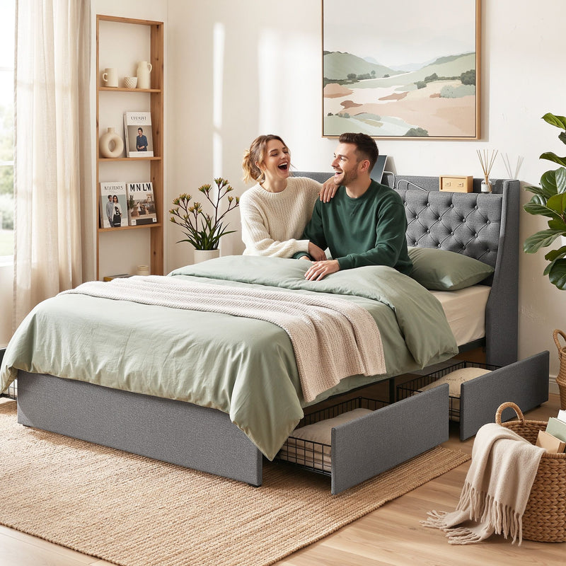 Artiss Queen Bed Frame with Storage & Charging – Charcoal Grey