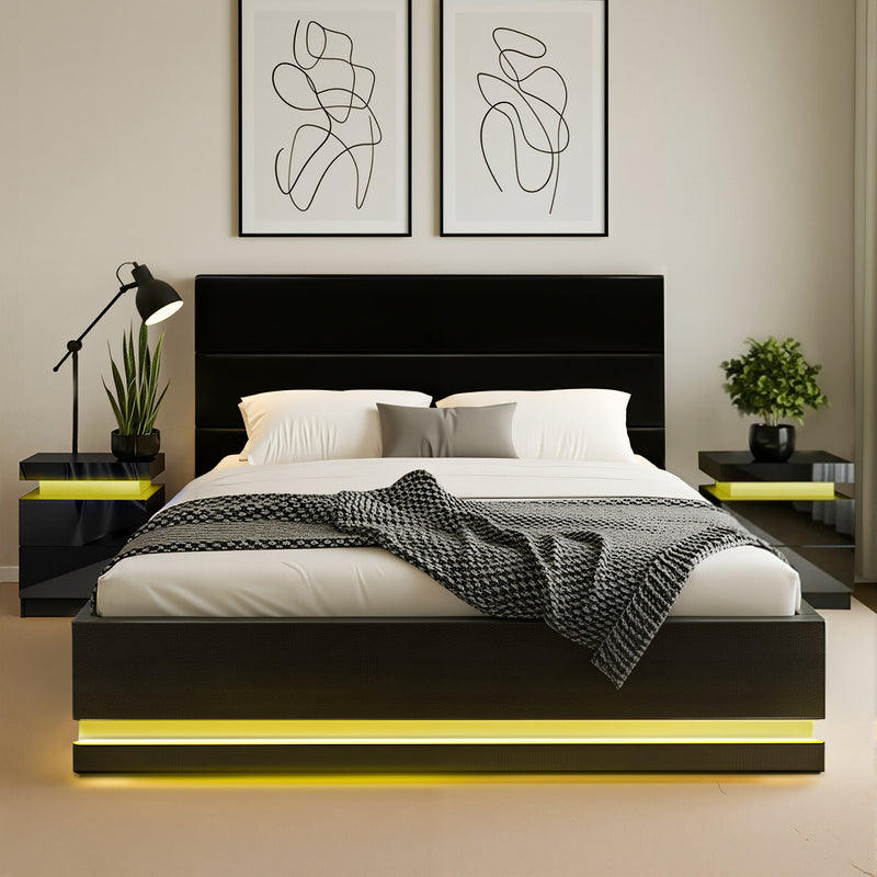 RGB LED Queen Bed Frame with 2 Beside Tables Set 16 Colour Mood Lighting