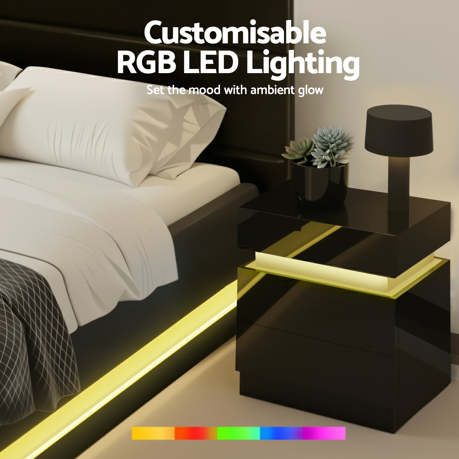 RGB LED Queen Bed Frame with 2 Beside Tables Set 16 Colour Mood Lighting