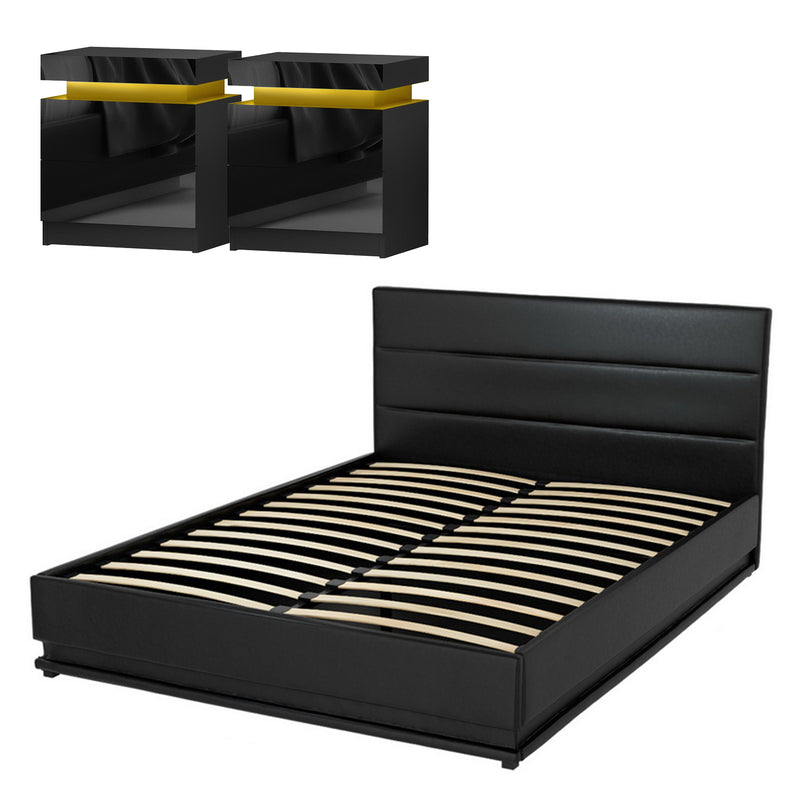 RGB LED Queen Bed Frame with 2 Beside Tables Set 16 Colour Mood Lighting