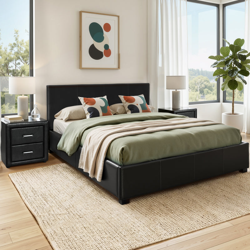 Artiss Gas Lift Queen Bed Frame & Bedside Table Set – Black Leather