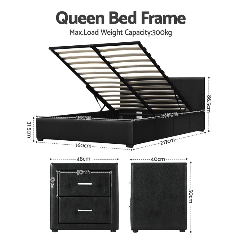 Artiss Gas Lift Queen Bed Frame & Bedside Table Set – Black Leather