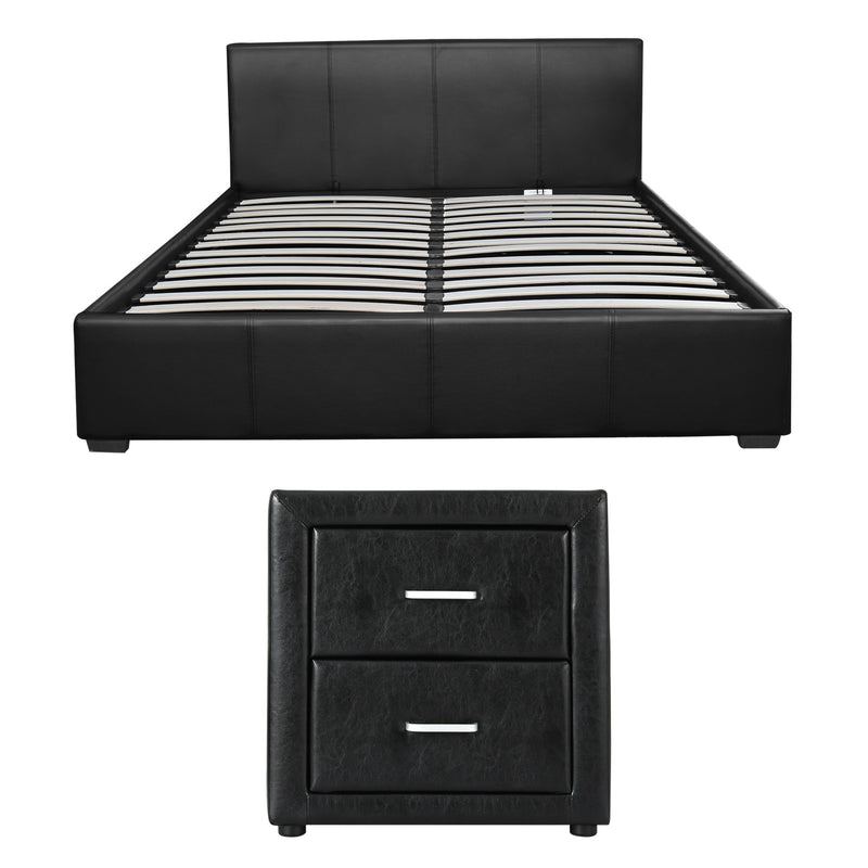 Artiss Gas Lift Queen Bed Frame & Bedside Table Set – Black Leather