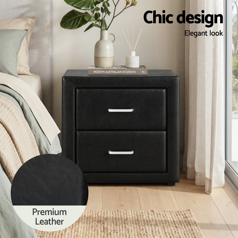 Artiss Gas Lift Queen Bed Frame & Bedside Table Set – Black Leather
