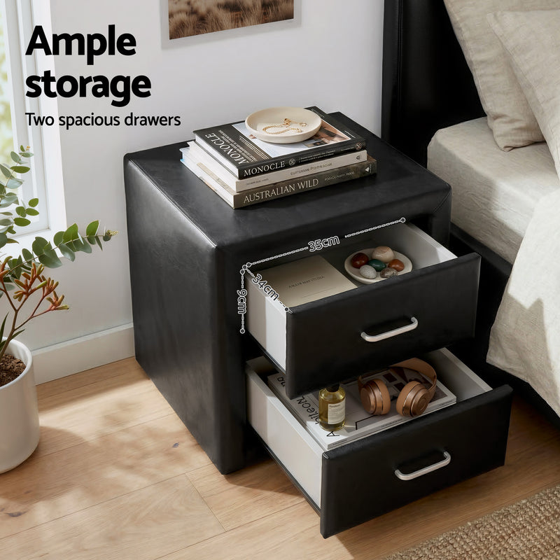 Artiss Gas Lift Queen Bed Frame & Bedside Table Set – Black Leather