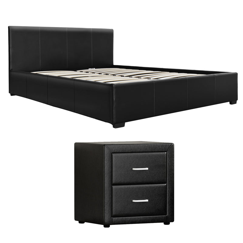 Artiss Gas Lift Queen Bed Frame & Bedside Table Set – Black Leather