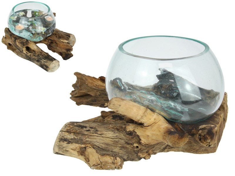 Handcrafted Glass Bowl on Natural Driftwood 35x20cm – Fish Bowl/Terrarium