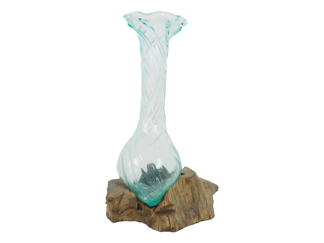 Handcrafted 40cm Glass Vase on Driftwood – Swirl Design
