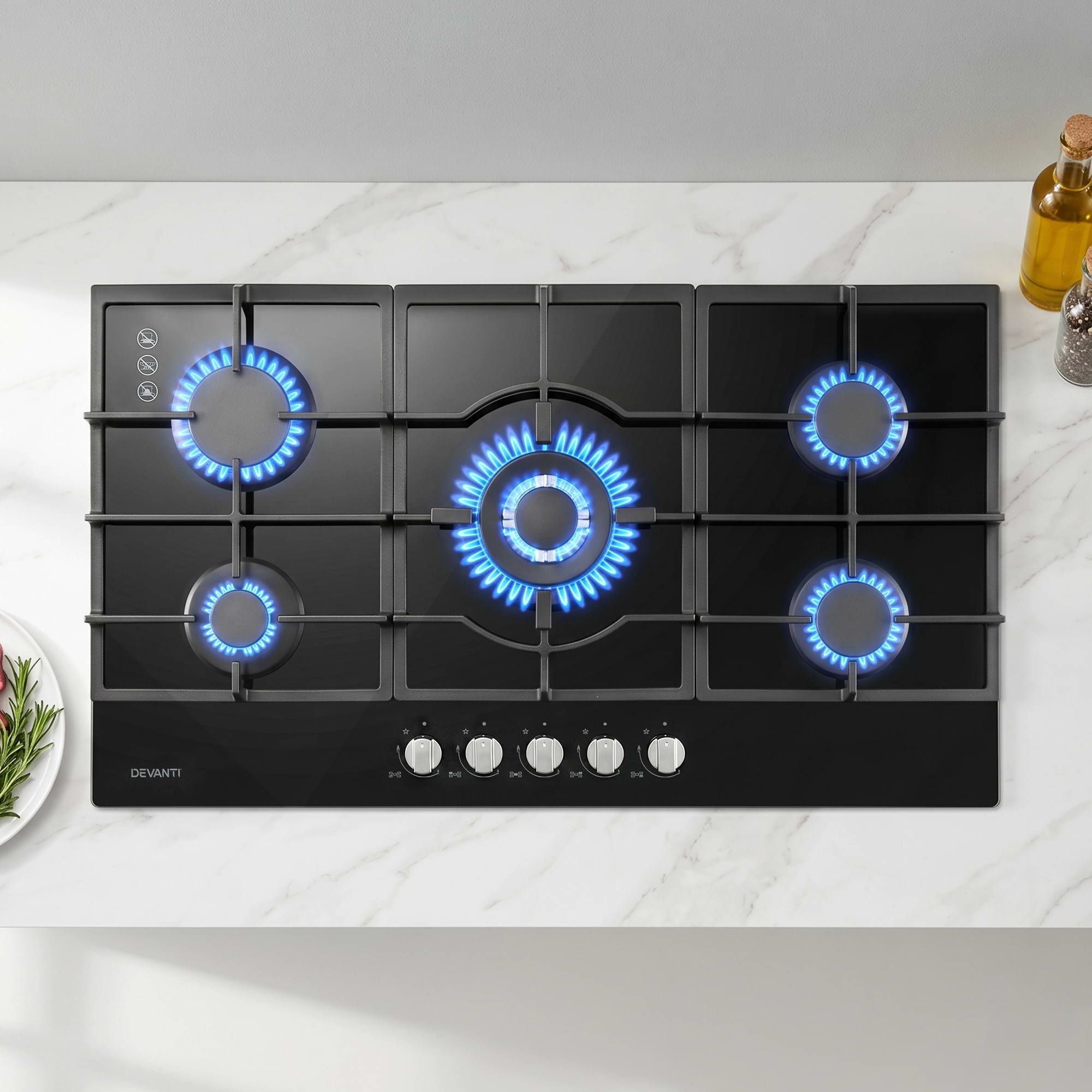 Devanti 90cm 5 Burner Gas Cooktop – Black Tempered Glass