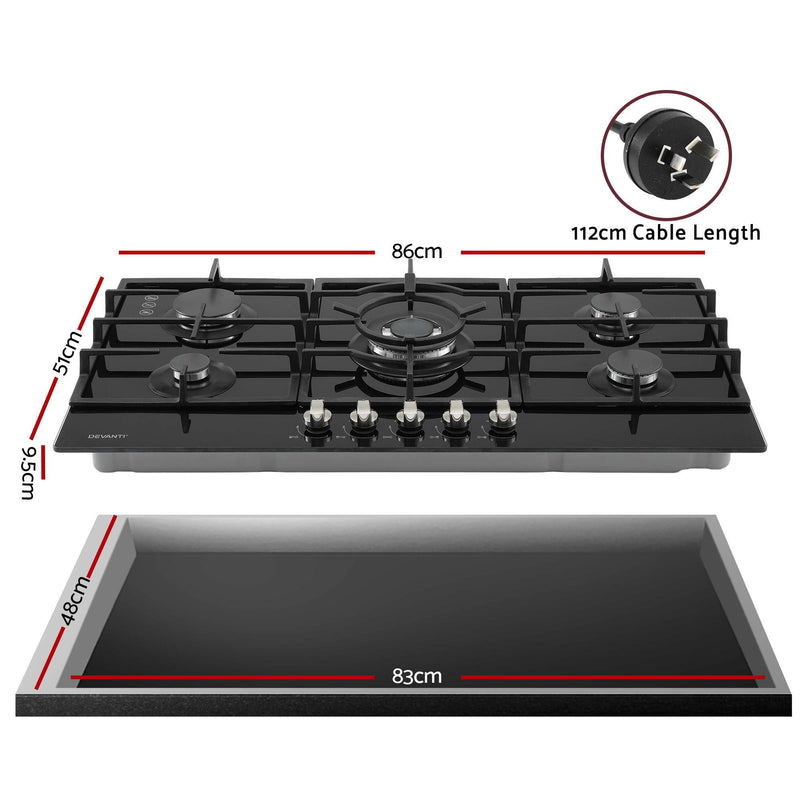 Devanti 90cm 5 Burner Gas Cooktop – Black Tempered Glass