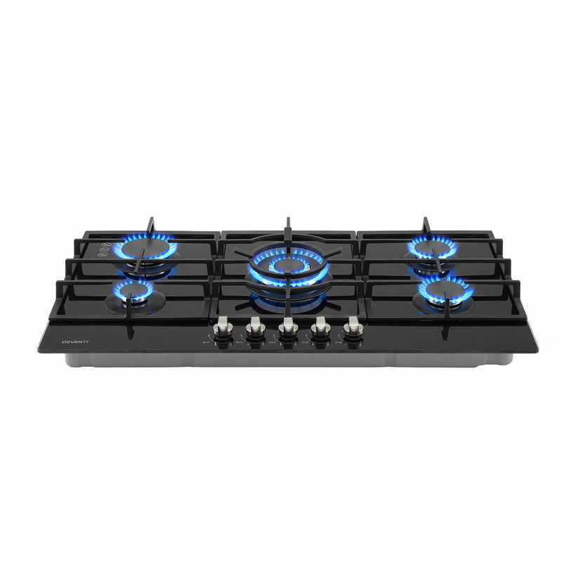 Devanti 90cm 5 Burner Gas Cooktop – Black Tempered Glass