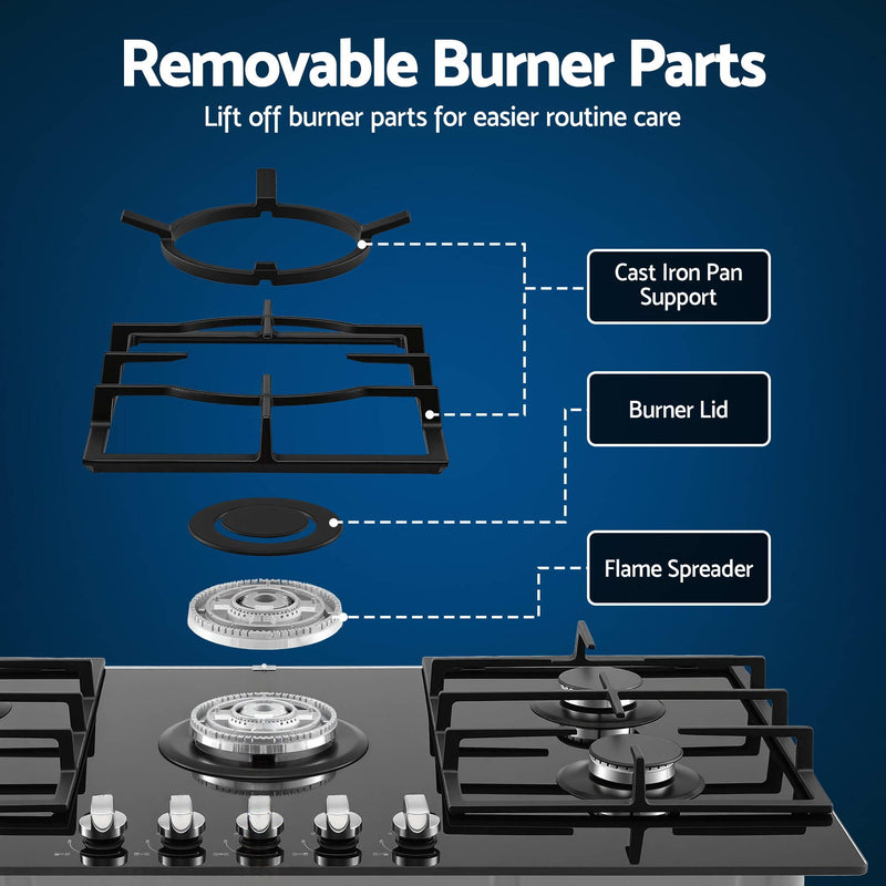 Devanti 90cm 5 Burner Gas Cooktop – Black Tempered Glass