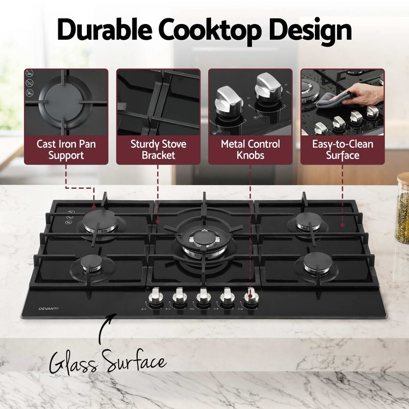 Devanti 90cm 5 Burner Gas Cooktop – Black Tempered Glass