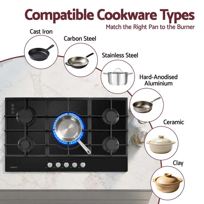 Devanti 90cm 5 Burner Gas Cooktop – Black Tempered Glass