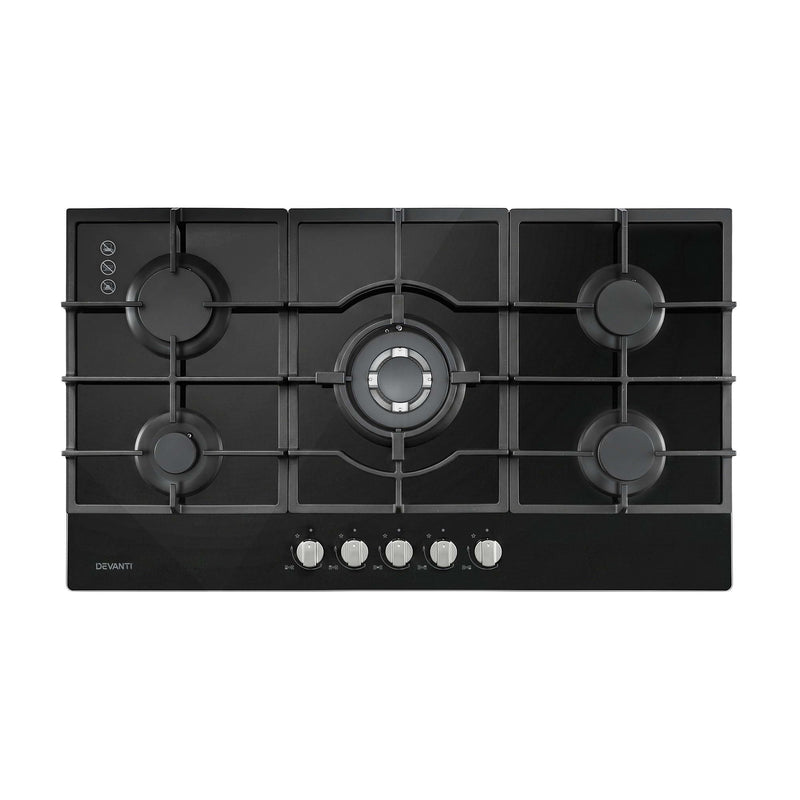 Devanti 90cm 5 Burner Gas Cooktop – Black Tempered Glass