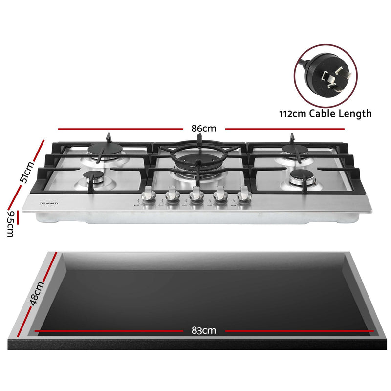 Devanti 90cm 5 Burner Gas Cooktop – Stainless Steel LPG/NG