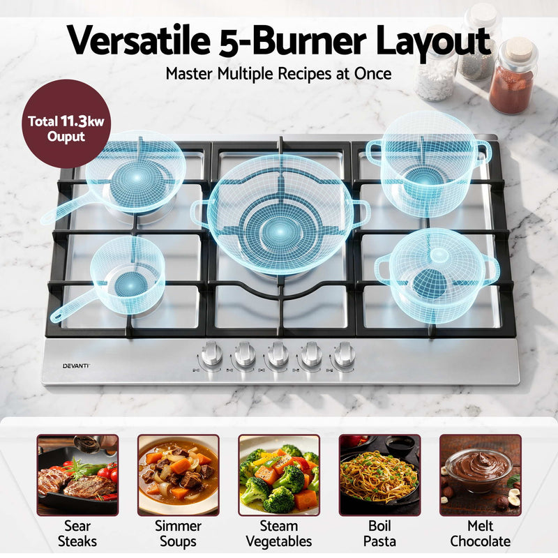 Devanti 90cm 5 Burner Gas Cooktop – Stainless Steel LPG/NG