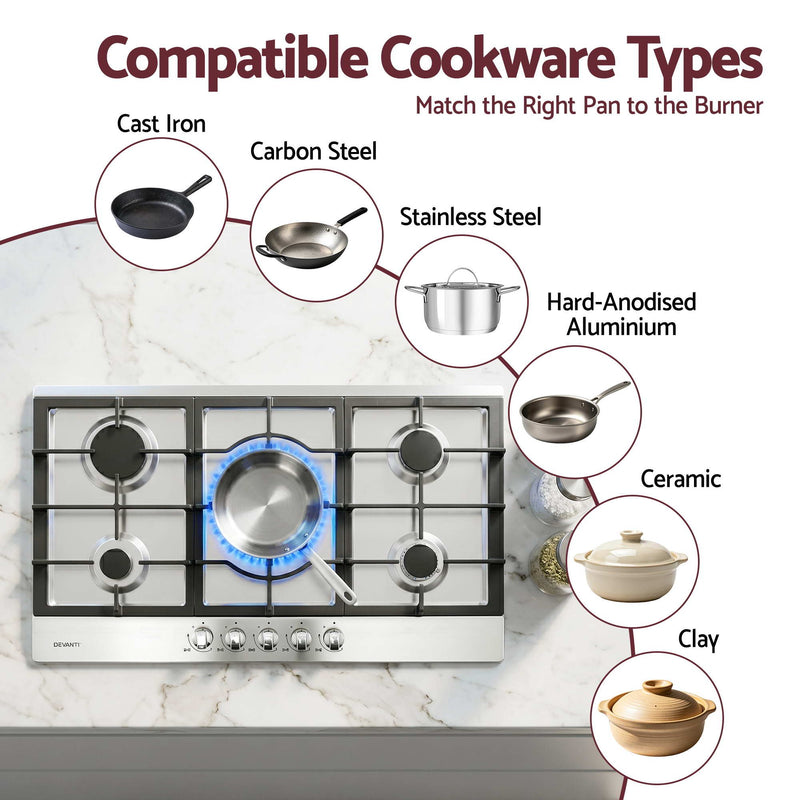 Devanti 90cm 5 Burner Gas Cooktop – Stainless Steel LPG/NG