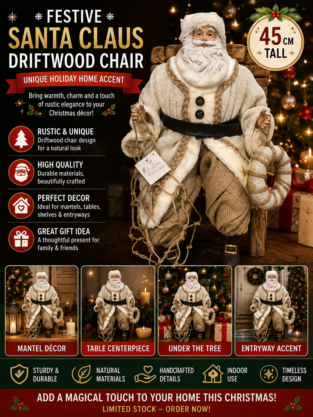 Santa Claus on Driftwood Chair – 45cm