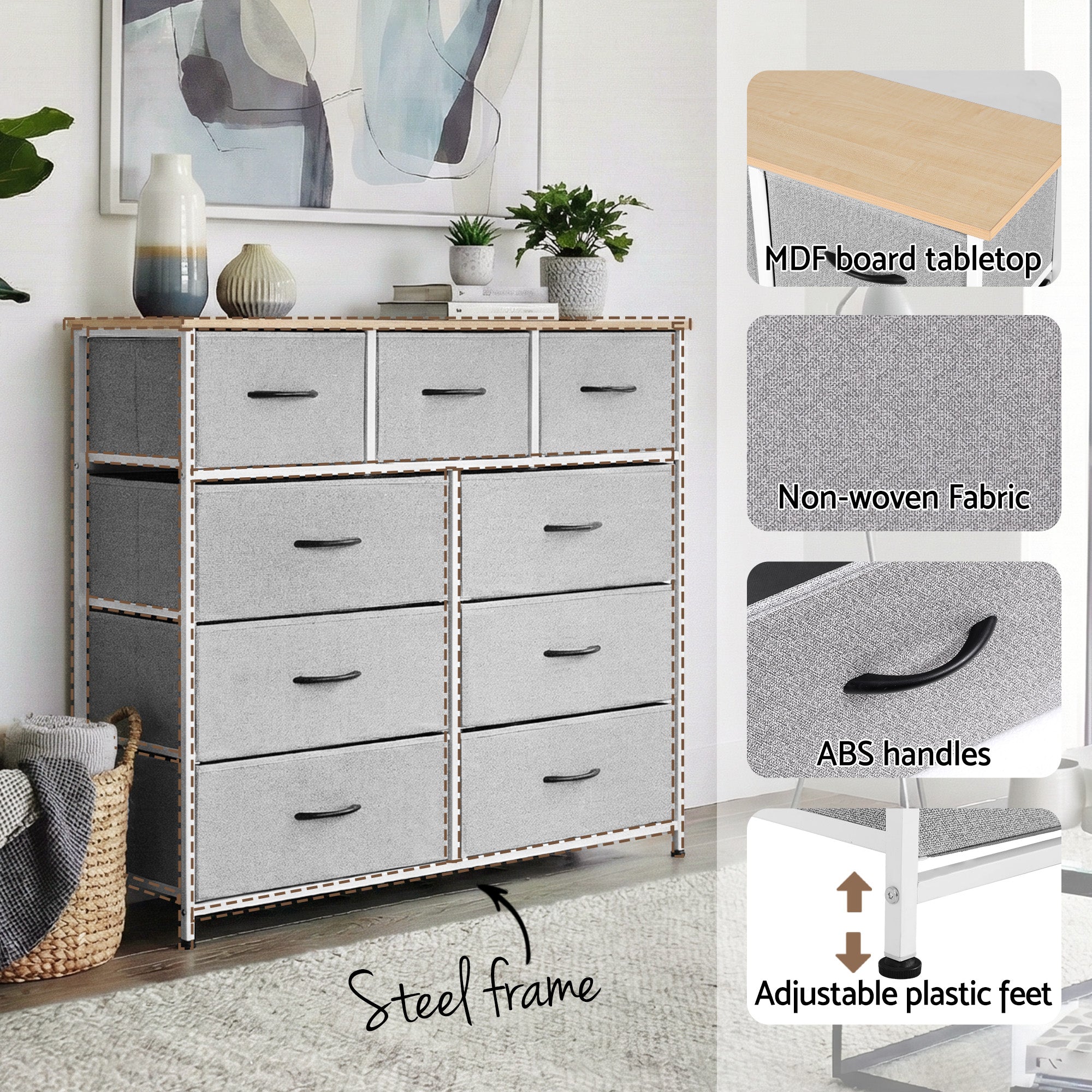 Artiss 9-Drawer Tallboy – Light Grey