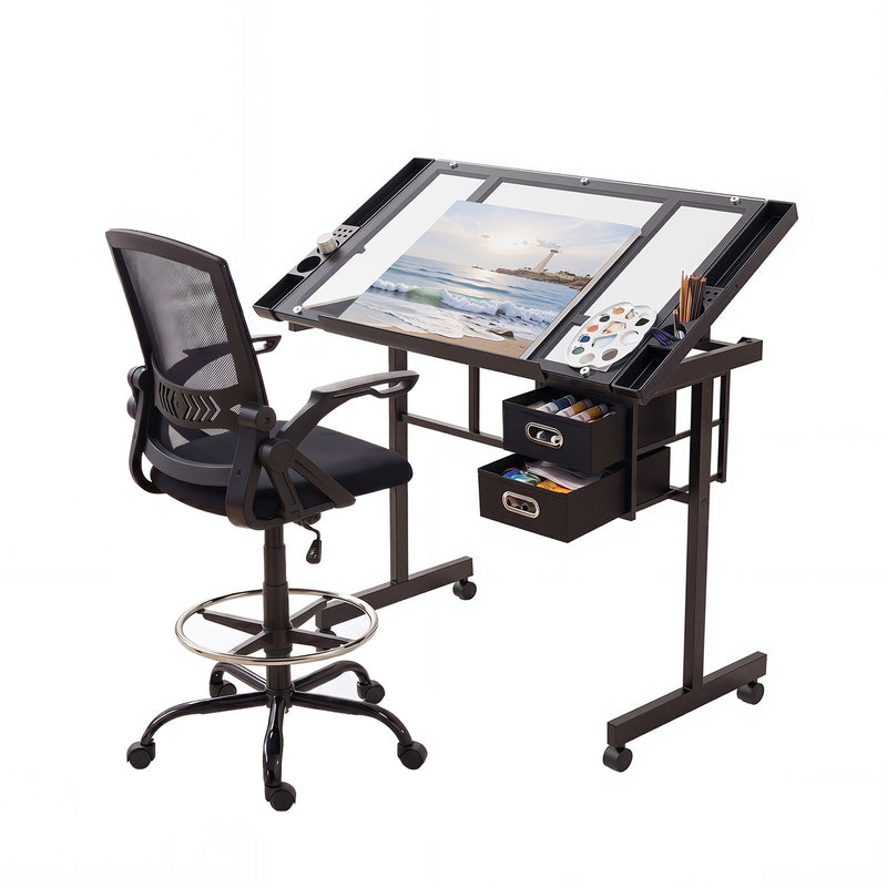 Artiss Drawing Table & Adjustable Drafting Chair Set with Glass Top