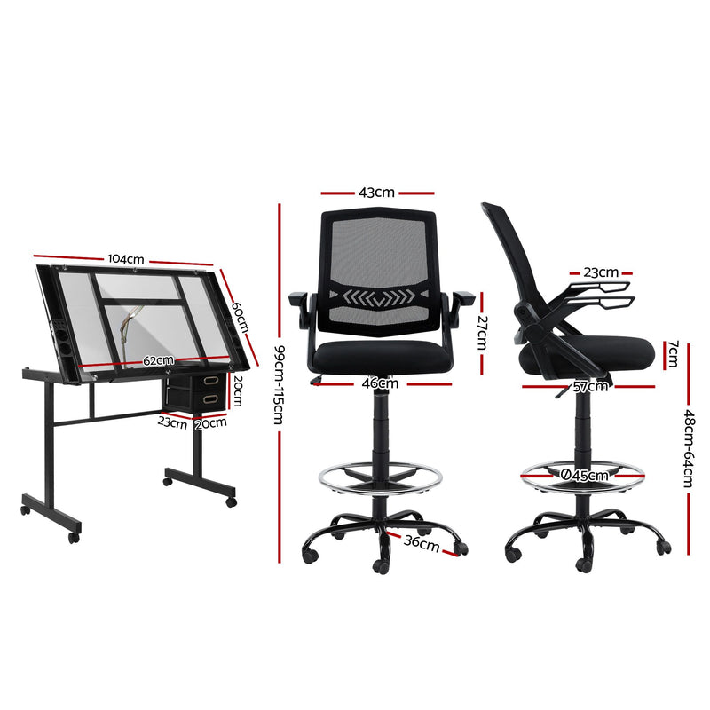 Artiss Drawing Table & Adjustable Drafting Chair Set with Glass Top