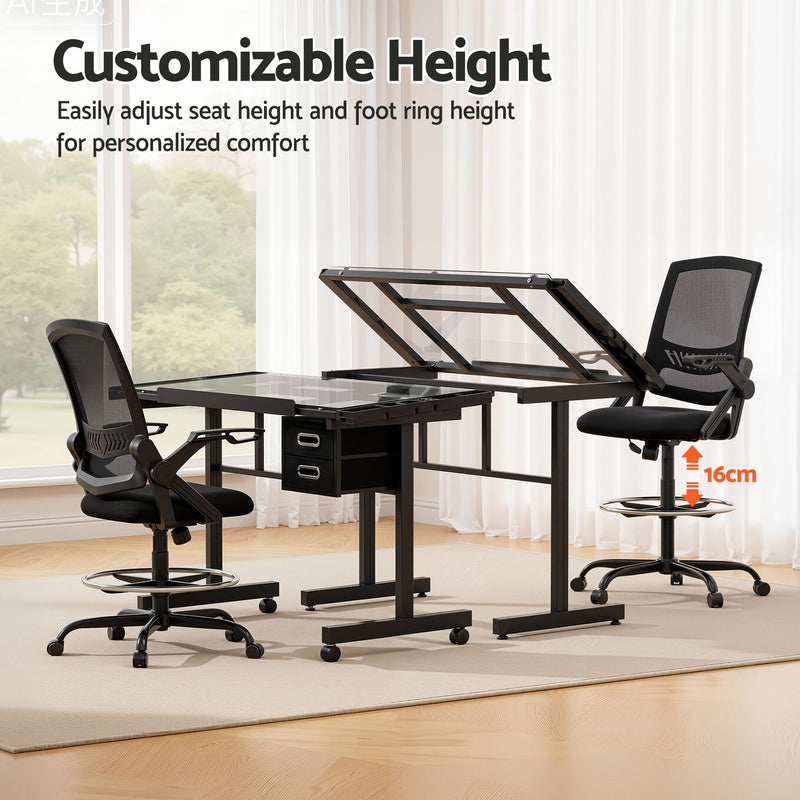 Artiss Drawing Table & Adjustable Drafting Chair Set with Glass Top