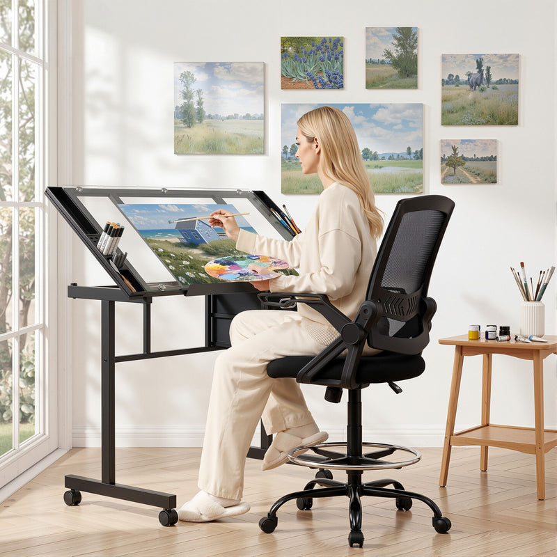 Artiss Drawing Table & Adjustable Drafting Chair Set with Glass Top