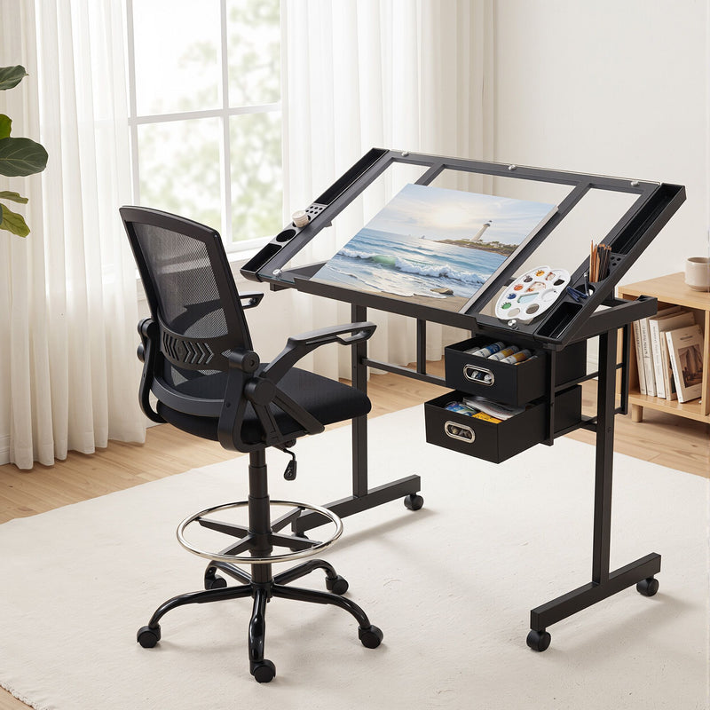 Artiss Drawing Table & Adjustable Drafting Chair Set with Glass Top