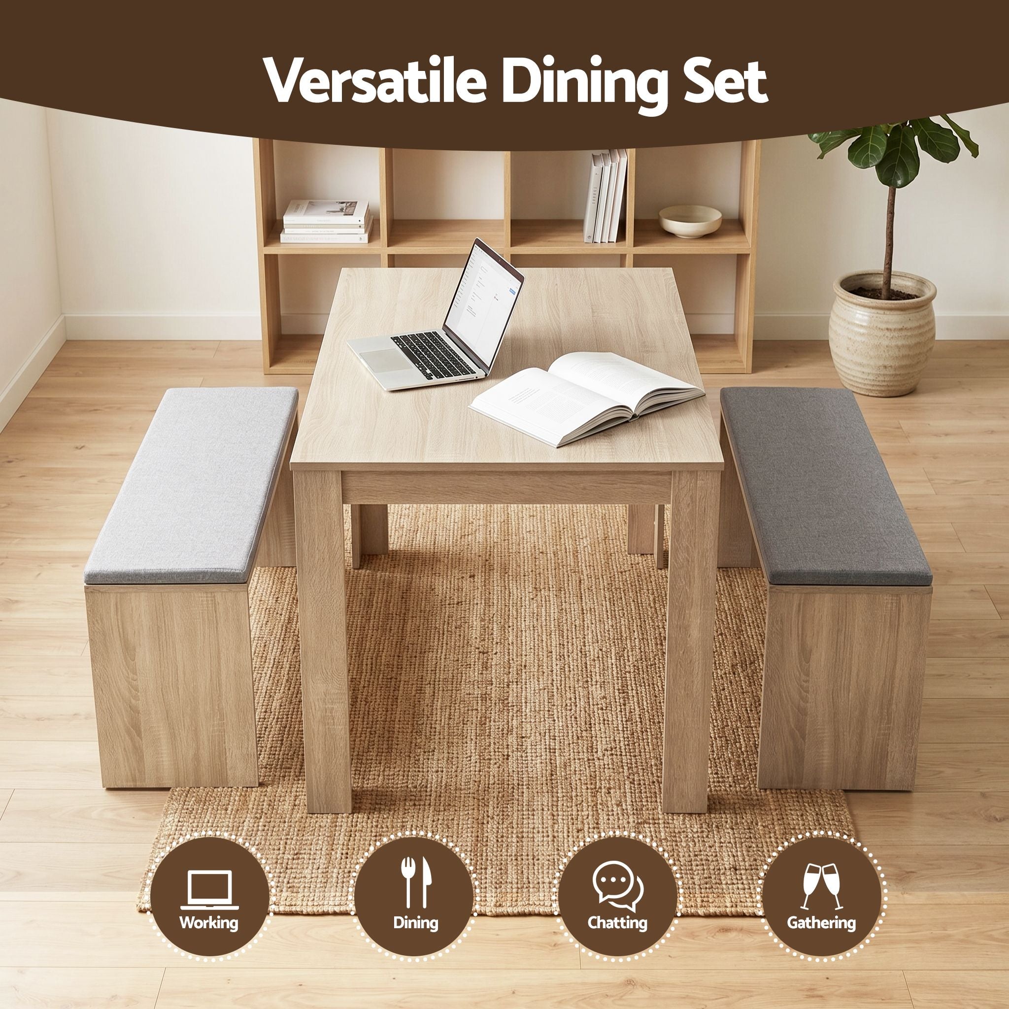 Artiss 3 Piece Dining Set with Upholstered Chairs – Oak