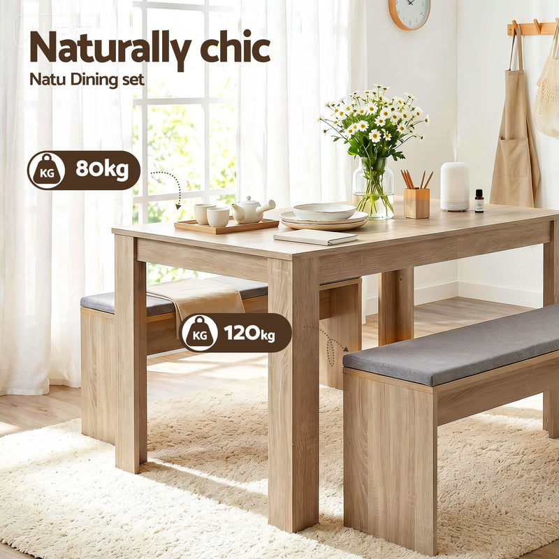 Artiss 3 Piece Dining Set with Upholstered Chairs – Oak