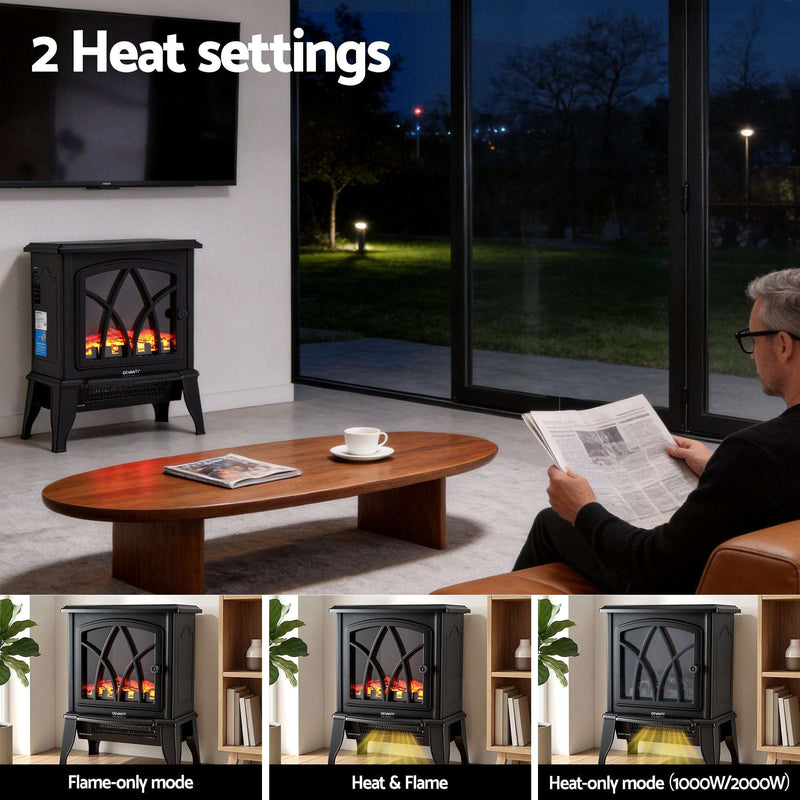Devanti 2000W Electric Fireplace Heater – Freestanding 3D Flame Effect