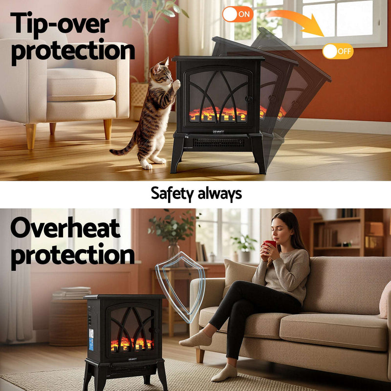 Devanti 2000W Electric Fireplace Heater – Freestanding 3D Flame Effect