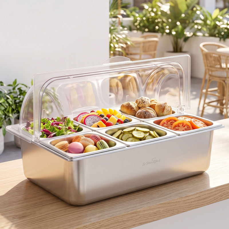 5-Star Chef 6 Pan Stainless Steel Cooler Platter with Roll Top Cover