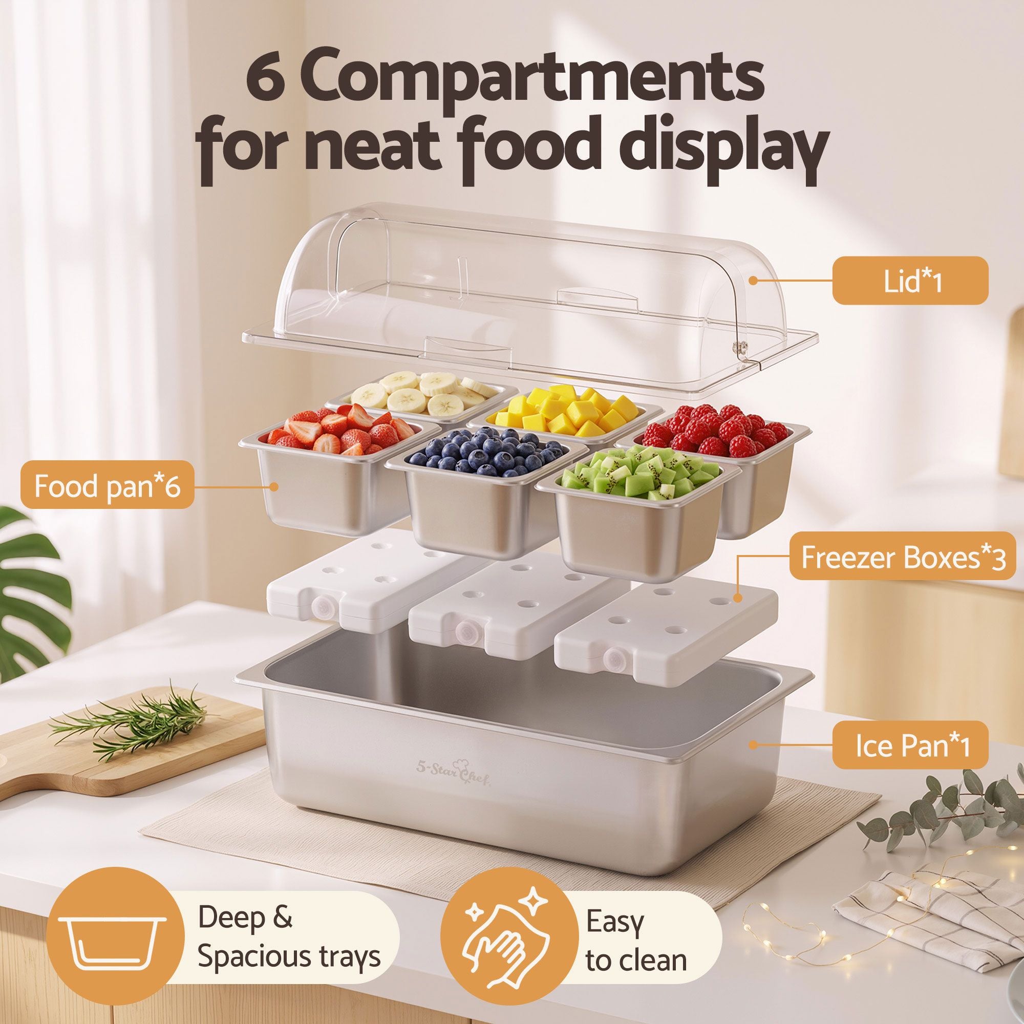 5-Star Chef 6 Pan Stainless Steel Cooler Platter with Roll Top Cover