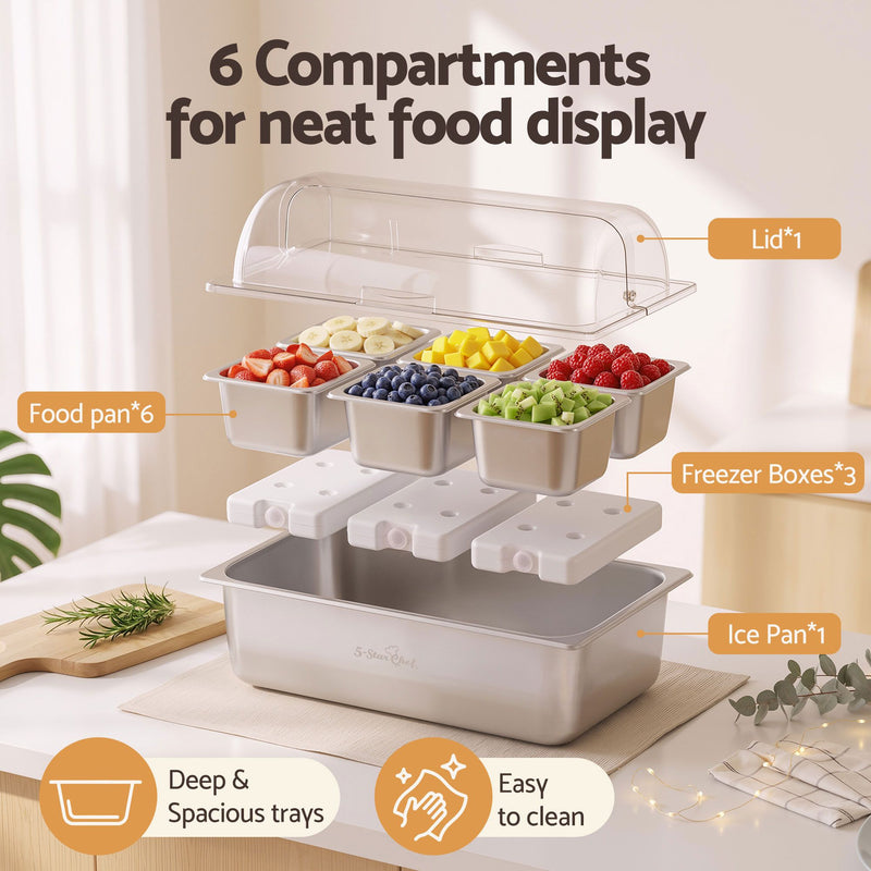 5-Star Chef 6 Pan Stainless Steel Cooler Platter with Roll Top Cover