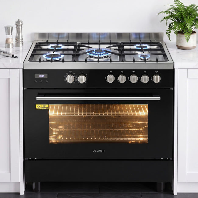 Devanti 90cm Dual Fuel Cooker – 5 Burner Gas Cooktop & Electric Oven