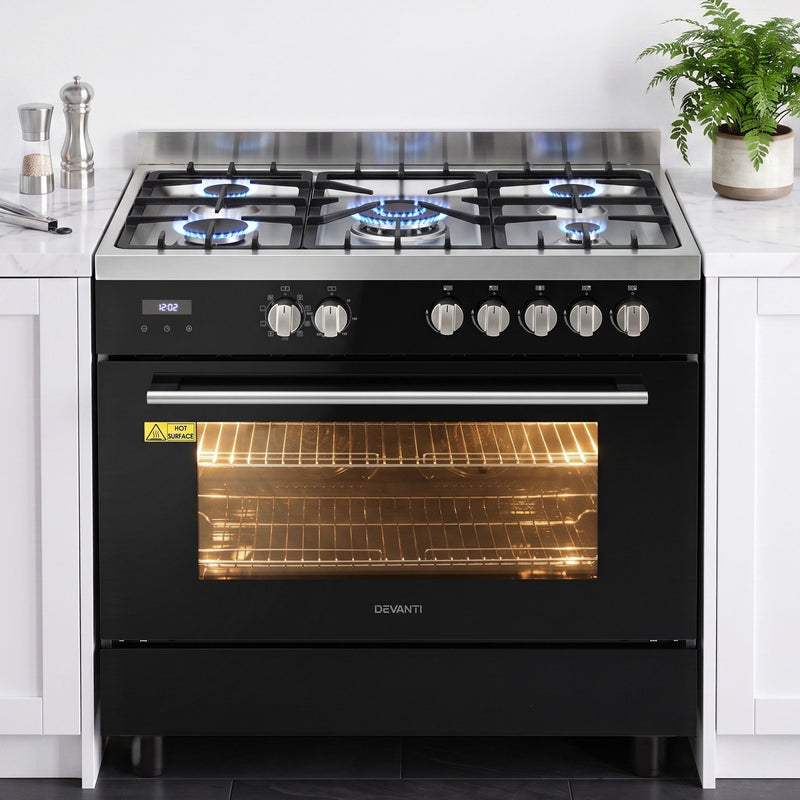Devanti 90cm Dual Fuel Cooker – 5 Burner Gas Cooktop & Electric Oven