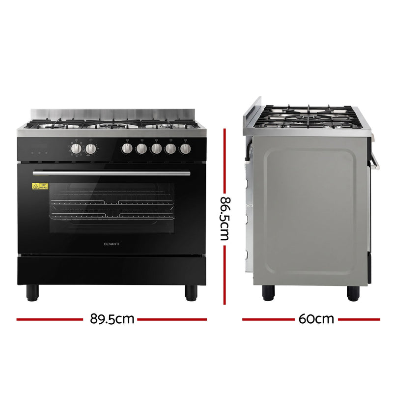 Devanti 90cm Dual Fuel Cooker – 5 Burner Gas Cooktop & Electric Oven