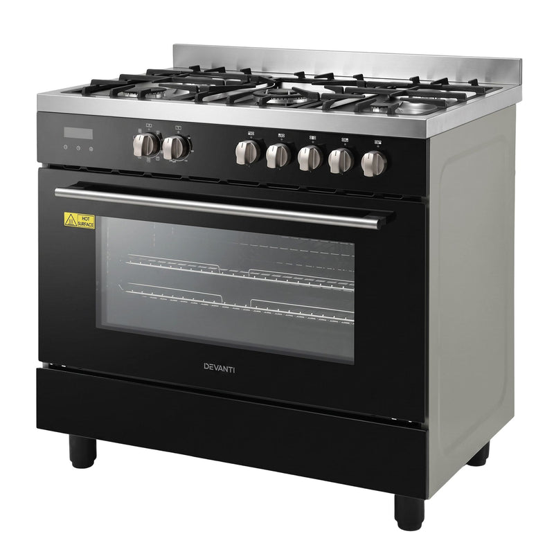 Devanti 90cm Dual Fuel Cooker – 5 Burner Gas Cooktop & Electric Oven