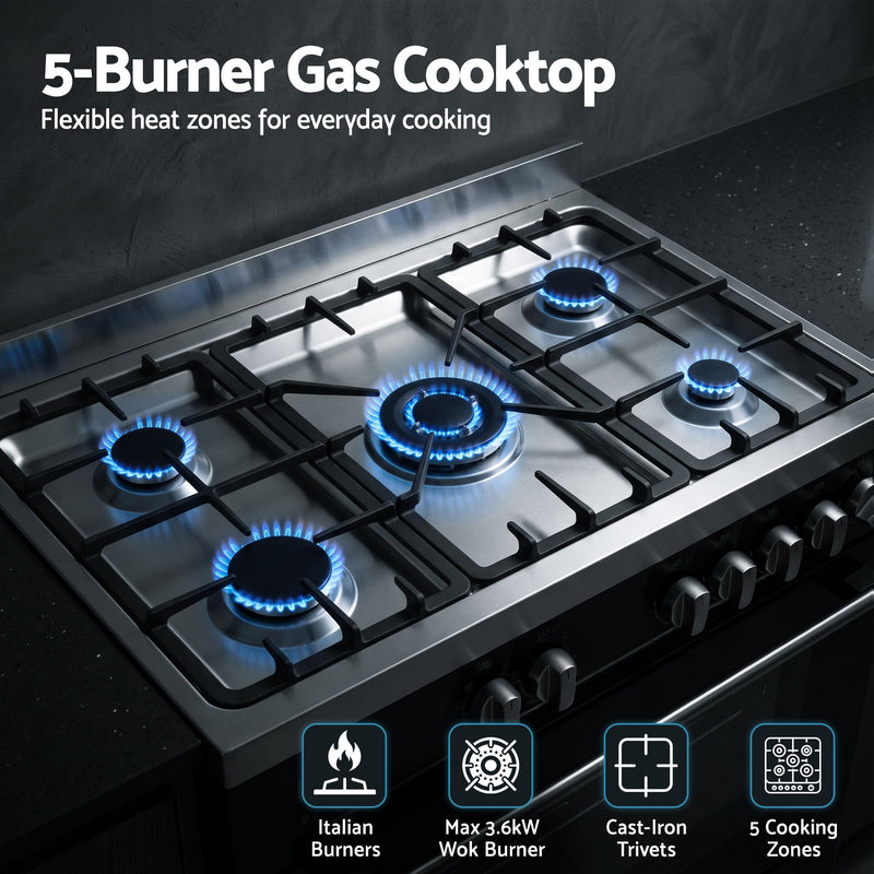 Devanti 90cm Dual Fuel Cooker – 5 Burner Gas Cooktop & Electric Oven