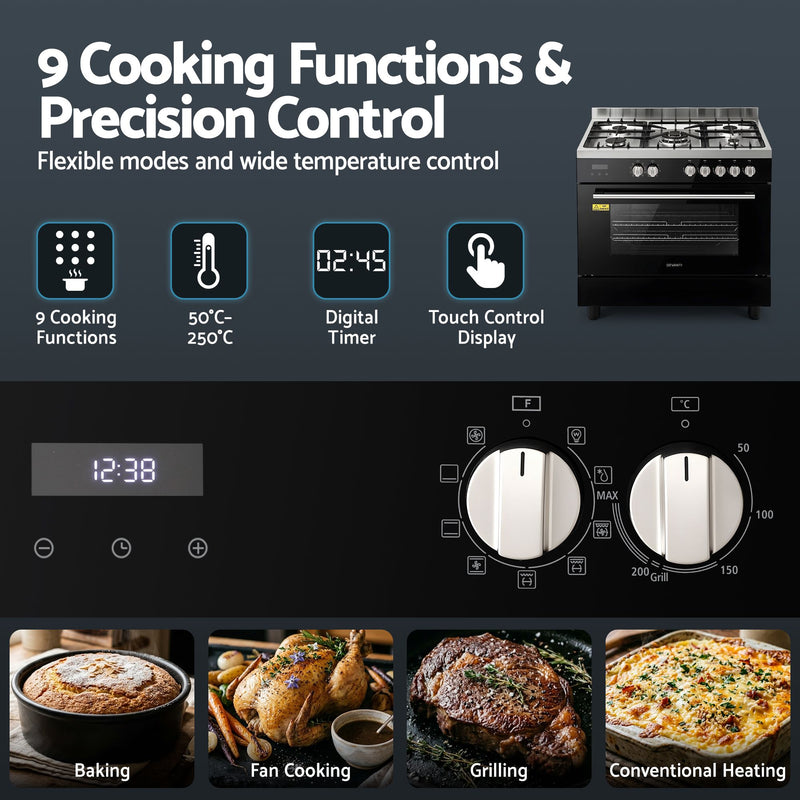 Devanti 90cm Dual Fuel Cooker – 5 Burner Gas Cooktop & Electric Oven